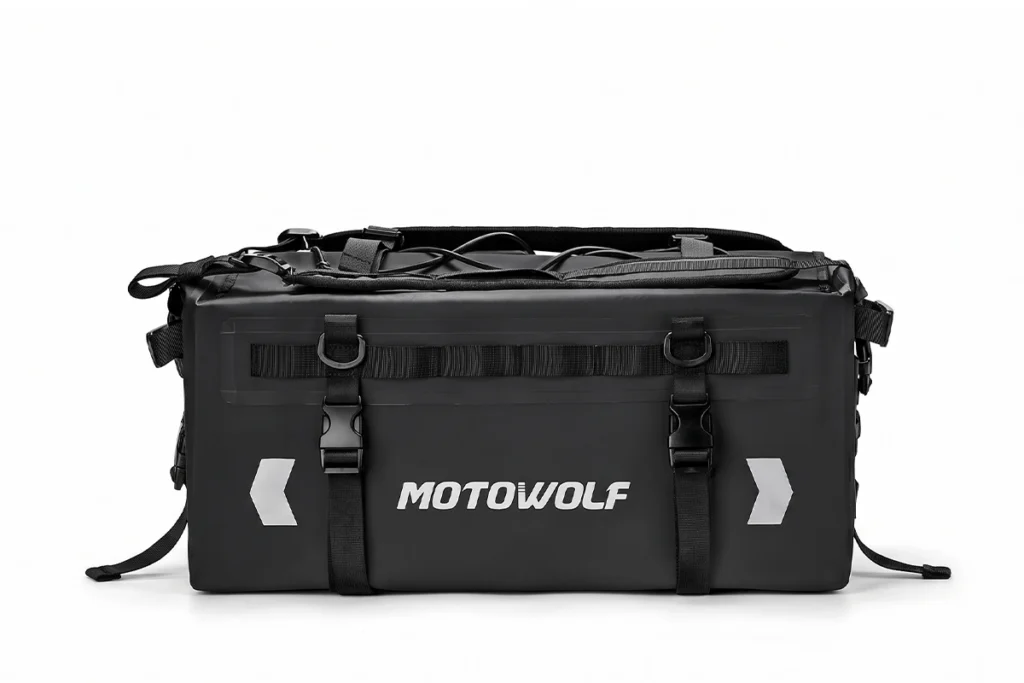 Black Motowolf MB9 Tail Bag mounted firmly on the pillion seat of a sports motorcycle
