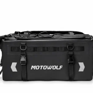 Black Motowolf MB9 Tail Bag mounted firmly on the pillion seat of a sports motorcycle
