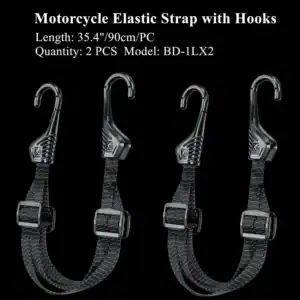 Close-up of the heavy-duty plastic-coated steel hooks on the Motorcycle Luggage Rope