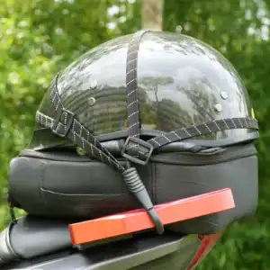 Black Kewig Reflective Motorcycle Luggage Rope securing a helmet to a motorcycle seat