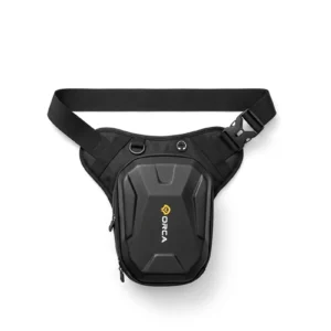 Black Orca Motorcycle Leg Bag strapped securely to a rider's thigh next to a motorcycle