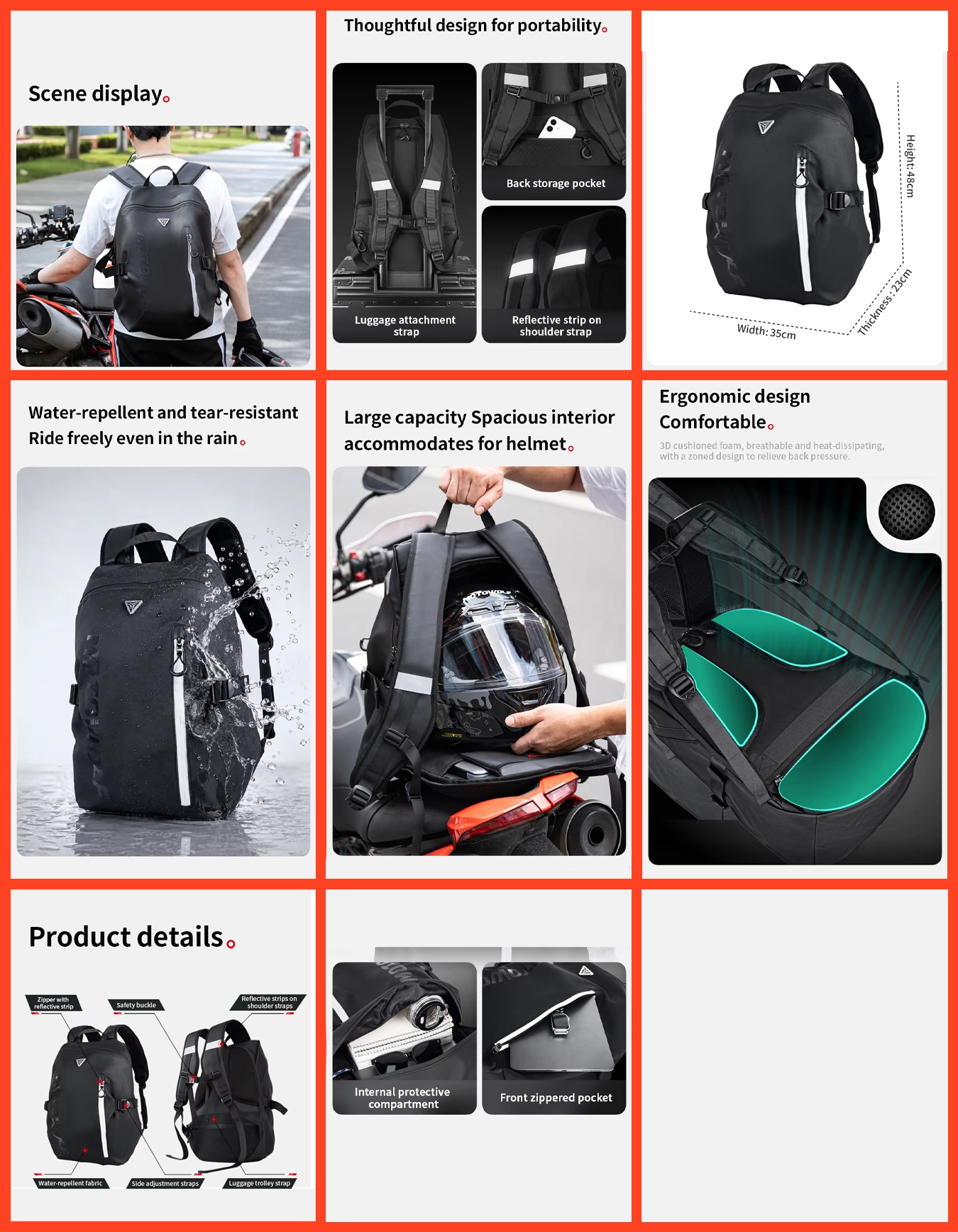 Motowolf MB18 Backpack – Large Capacity Motorcycle Helmet Bag 7 Technical specification banner showing the exact dimensions, weight, and capacity of the Motowolf MB18 Backpack
