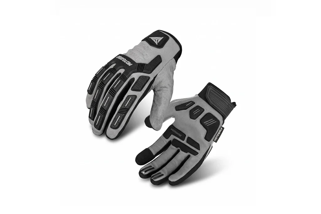 Grey and black Motowolf Full Finger Gloves GM10 displayed on a motorcycle handlebar