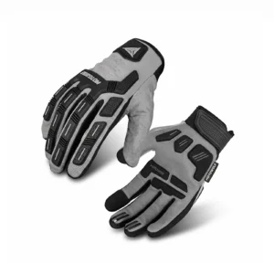 Grey and black Motowolf Full Finger Gloves GM10 displayed on a motorcycle handlebar