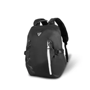 Black Motowolf MB18 Motorcycle Backpack resting on the passenger seat of an adventure motorcycle