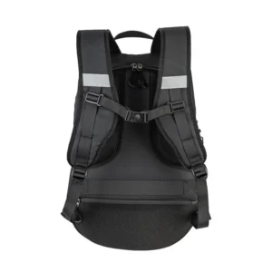 Close-up of the heavy-duty chest buckle and adjustable shoulder straps on the Motowolf MB18 Backpack