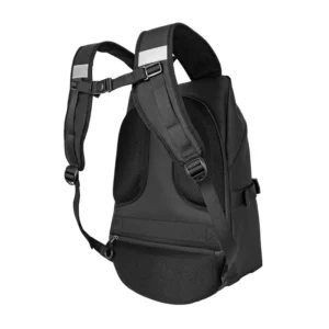 Full-face motorcycle helmet fitting inside the main compartment of the Motowolf MB18 Backpack