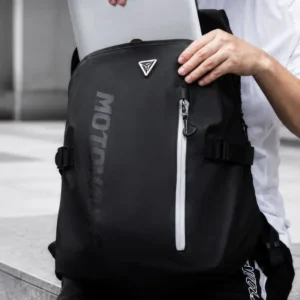 Reflective strips glowing on the Motowolf MB18 Backpack during night riding