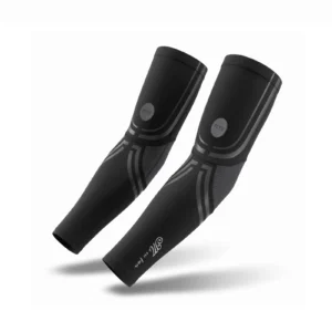 Pair of black Flame Hand Sleeves displayed against a bright summer outdoor background