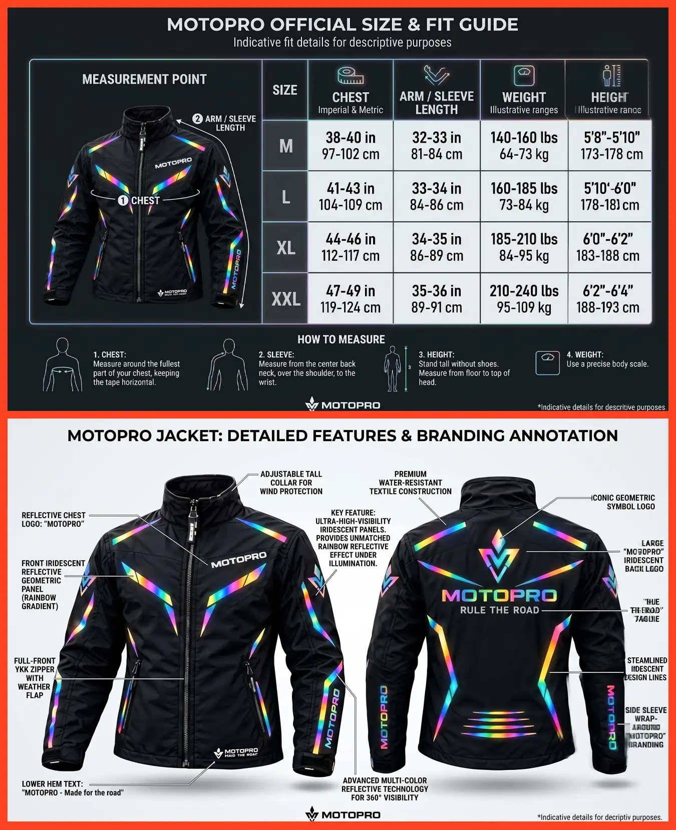 MotoPro Windbreaker – Iridescent Reflective Motorcycle Windbreaker 19 Official sizing guide for the MotoPro Windbreaker showing measurements for Medium, Large, XL, and XXL