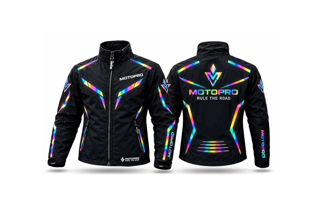 Black MotoPro Windbreaker riding jacket displayed on a motorcycle rider standing next to a bike