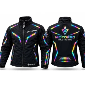 Black MotoPro Windbreaker riding jacket displayed on a motorcycle rider standing next to a bike