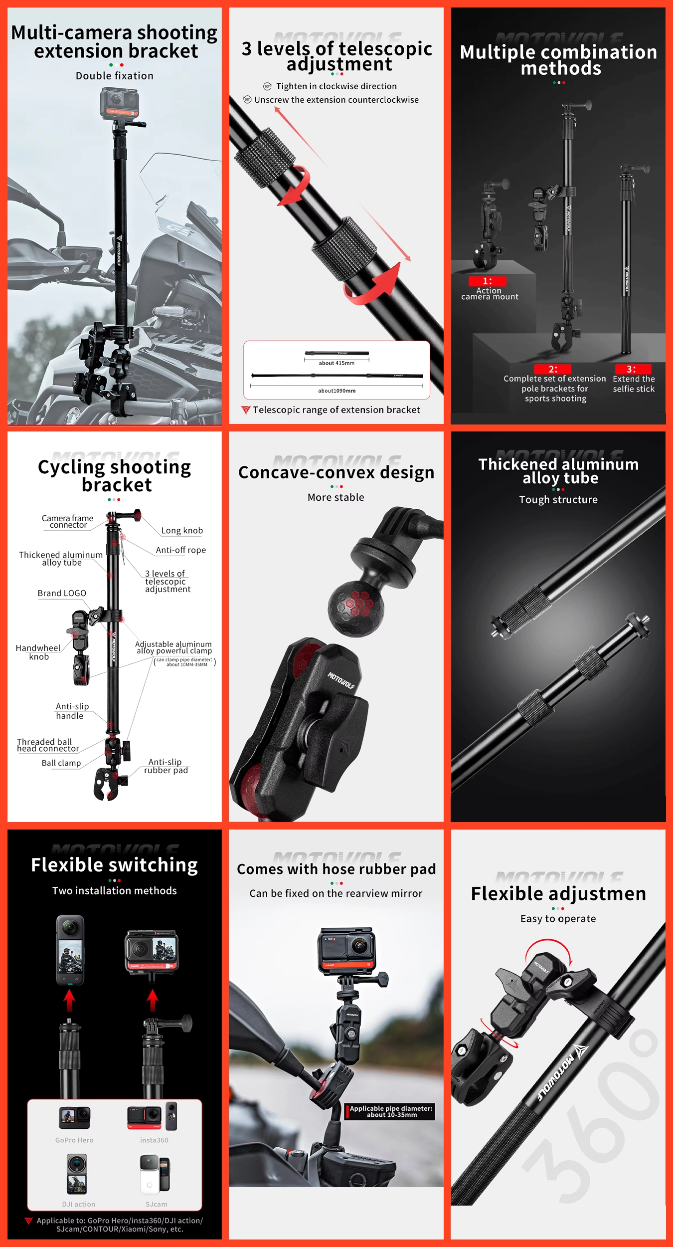 Motowolf Motorcycle Camera Mount Full Set MDL3531B – Action Camera Bracket 7 Technical diagram showing the exact height, arm length, and clamping diameter range of the Motowolf Motorcycle Camera Mount Full Set MDL3531B