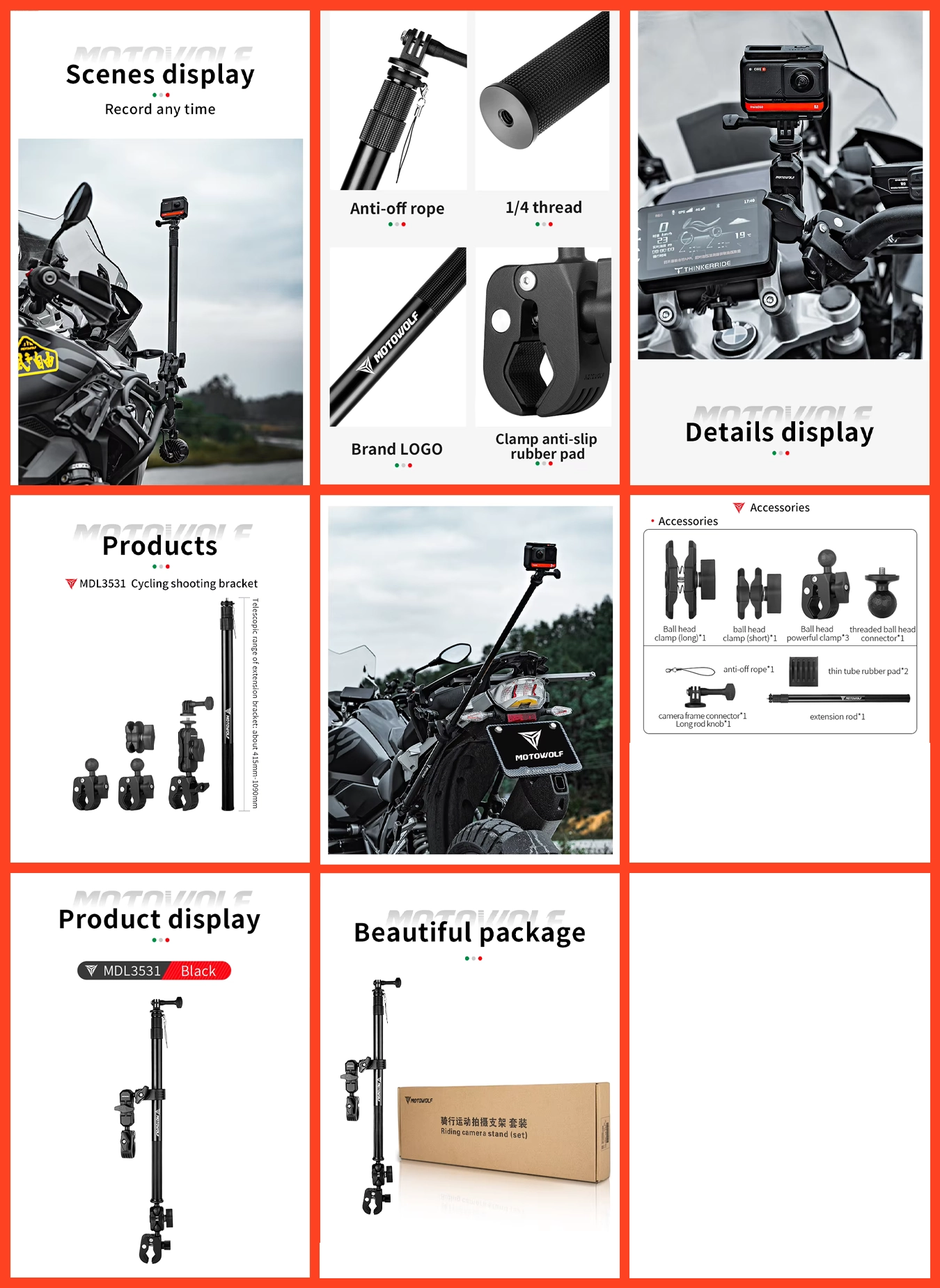 Motowolf Motorcycle Camera Mount Full Set MDL3531B – Action Camera Bracket 8 Step-by-step infographic showing how to attach the Motowolf Motorcycle Camera Mount Full Set MDL3531B to a motorcycle and secure a camera