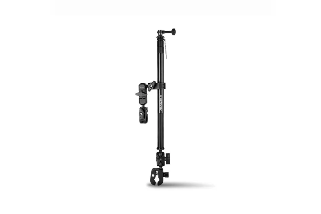 Black aluminum Motowolf Motorcycle Camera Mount Full Set MDL3531B holding an action camera on a motorcycle handlebar