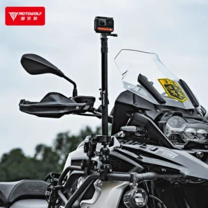 A GoPro style action camera securely attached to the universal screw thread of the Motowolf Motorcycle Camera Mount Full Set MDL3531B