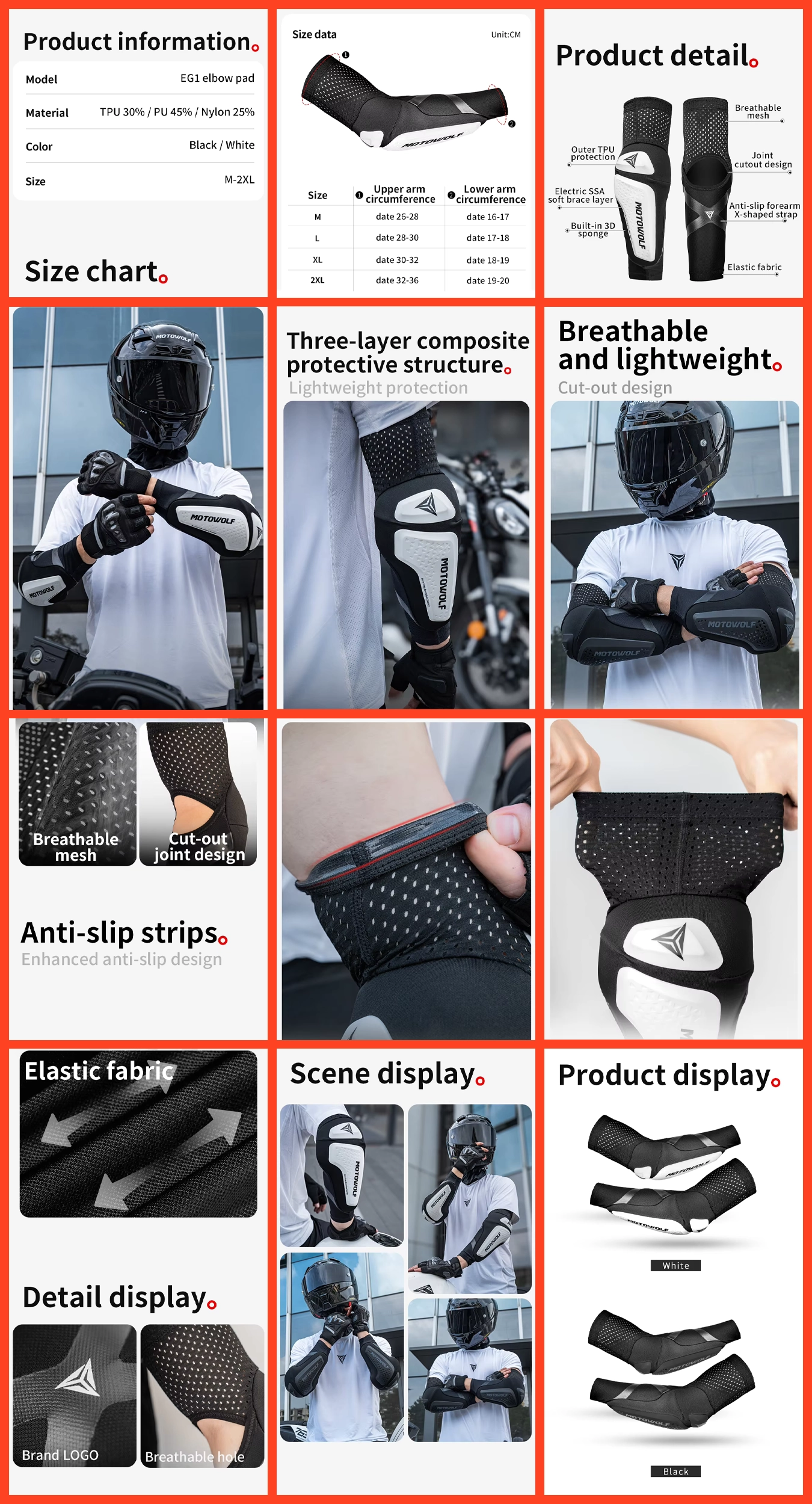 Motowolf Riding Elbow Pads EG1 – CE Level 1 Certified Pads 16 Visual size chart showing bicep and forearm measurements for the L and XL sizes of the Motowolf Riding Elbow Pads EG1