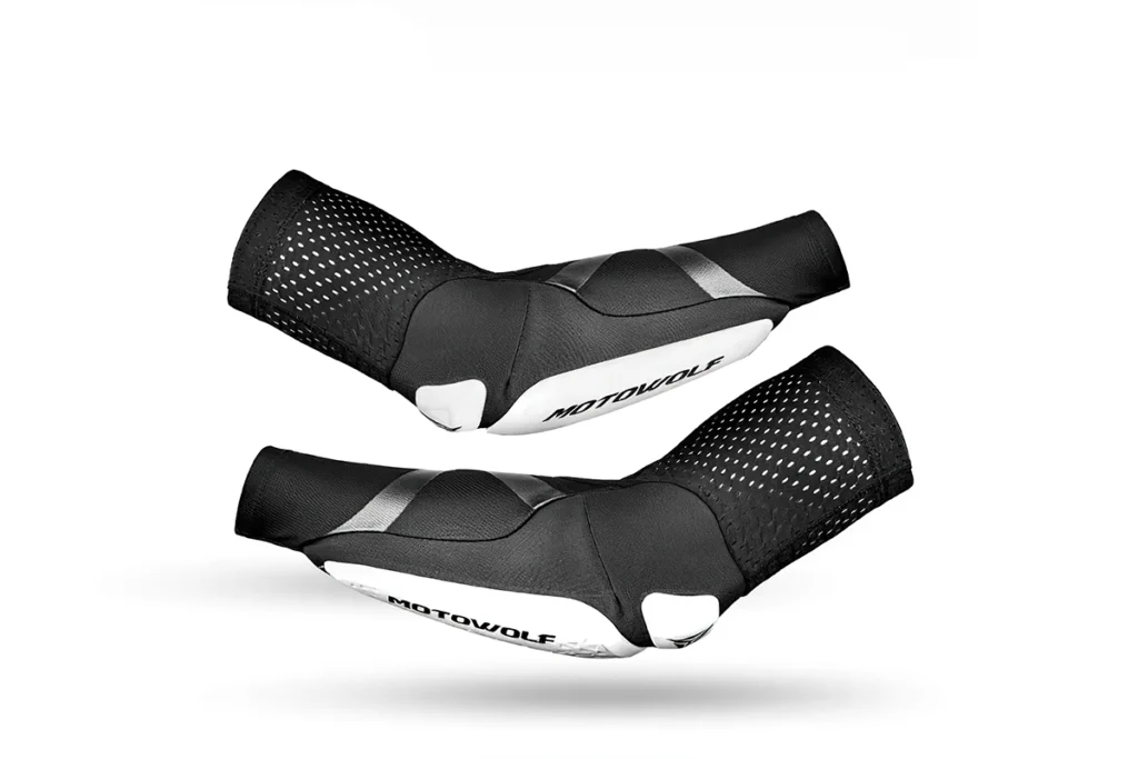 Black Motowolf Riding Elbow Pads EG1 with CE Level 1 armor worn by a motorcyclist