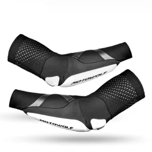 Black Motowolf Riding Elbow Pads EG1 with CE Level 1 armor worn by a motorcyclist