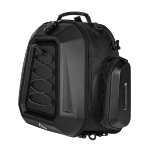 Water splashing across the waterproof seamless welded PVC fabric of the Motowolf Rear Seat Bag