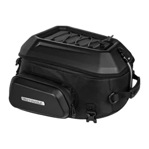 Top-down open view of the Motowolf Rear Seat Bag packed with riding gear, jacket, and tools
