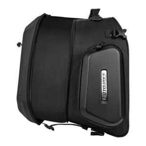 Touring motorcycle loaded with the Motowolf Rear Seat Bag cruising down a highway with reflective logos illuminated