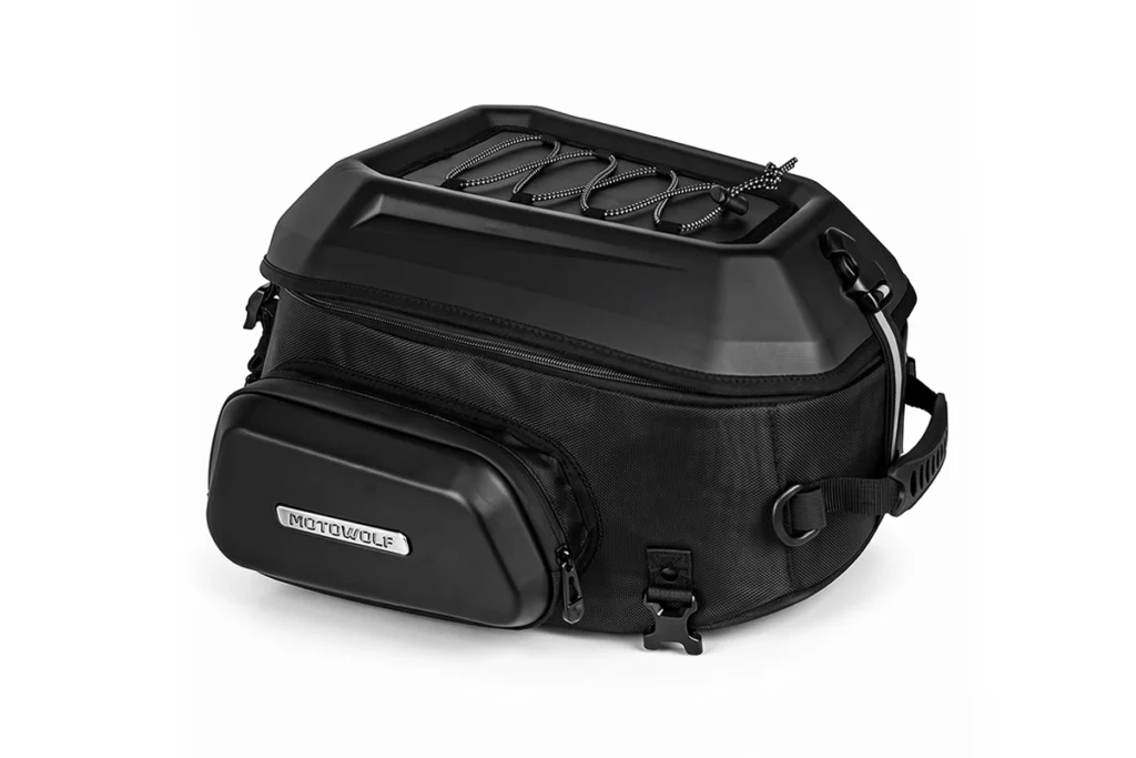 Black Motowolf Rear Seat Bag mounted securely on the passenger pillion seat of a motorcycle
