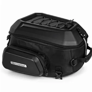 Black Motowolf Rear Seat Bag mounted securely on the passenger pillion seat of a motorcycle