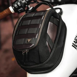 Detailed texture shot of the water-resistant vintage fabric on the Motowolf Retro Magnetic Tank Bag MB11