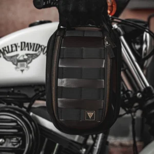 Close-up of the premium vintage-style zippers and brass-toned hardware on the Motowolf Retro Magnetic Tank Bag MB11