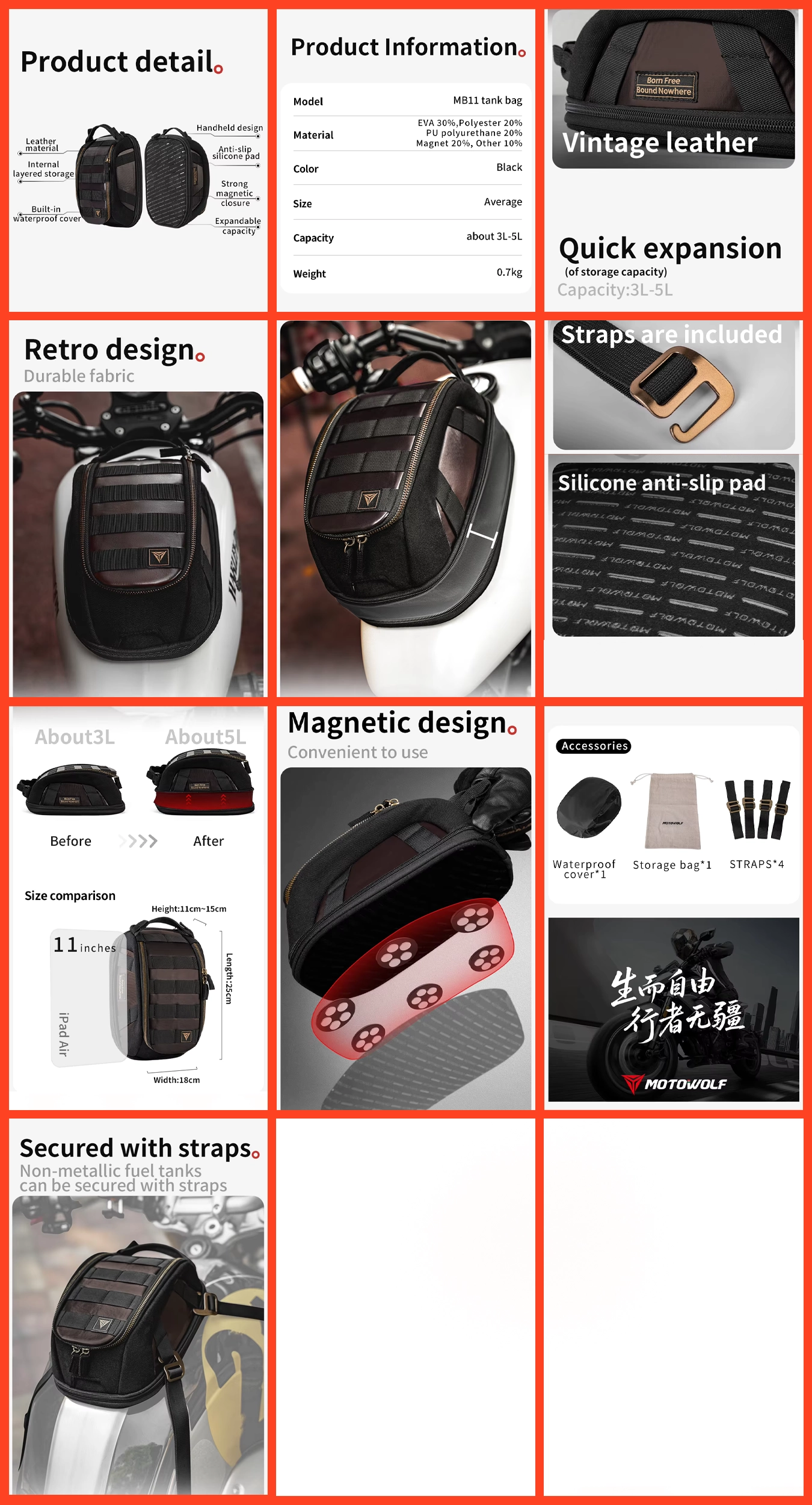 Motowolf Retro Magnetic Tank Bag MB11 – Vintage Motorcycle Luggage 9 Motowolf Retro Magnetic Tank Bag MB11 description 01