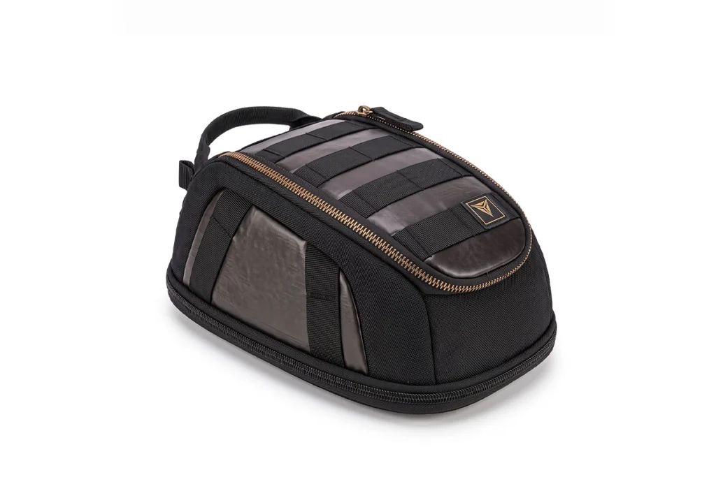 Brown Motowolf Retro Magnetic Tank Bag MB11 mounted on a vintage motorcycle fuel tank
