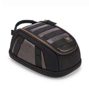 Brown Motowolf Retro Magnetic Tank Bag MB11 mounted on a vintage motorcycle fuel tank