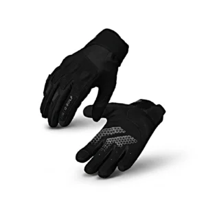 Pair of black Motowolf GM9 Lightweight Motorcycle Riding Gloves displayed on a sleek motorcycle dashboard
