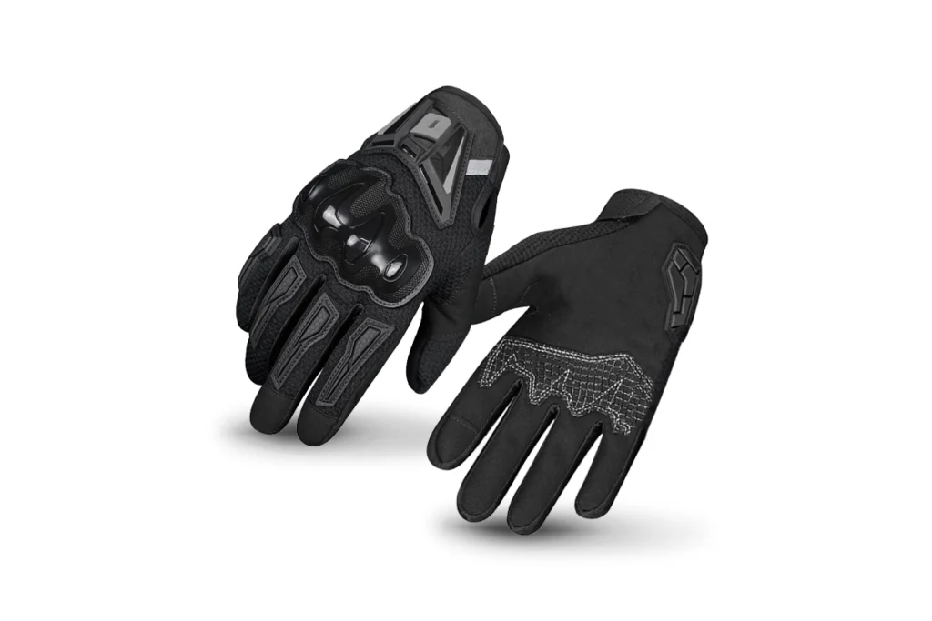 Pair of black Ones Again MG35 Full Finger Gloves displayed on a motorcycle seat