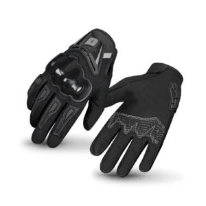 Pair of black Ones Again MG35 Full Finger Gloves displayed on a motorcycle seat