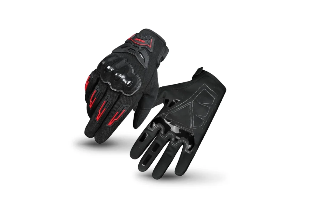 Pair of black Ones Again Full Finger Gloves MG41 displayed on a motorcycle seat