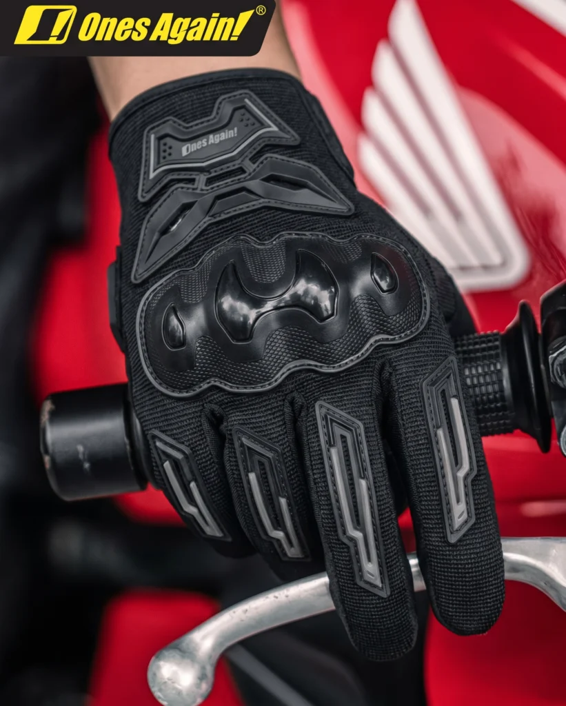 Close-up of the molded protective knuckle armor and finger padding on the Ones Again Full Finger Gloves MG41