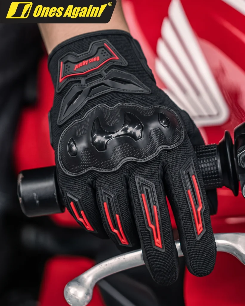 Detailed view of the textured microfiber palm and vibration-dampening pads on the Ones Again Full Finger Gloves MG41
