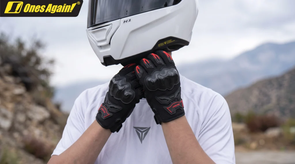 Visual measurement infographic detailing palm width and hand length guidelines for Ones Again Full Finger Gloves MG41