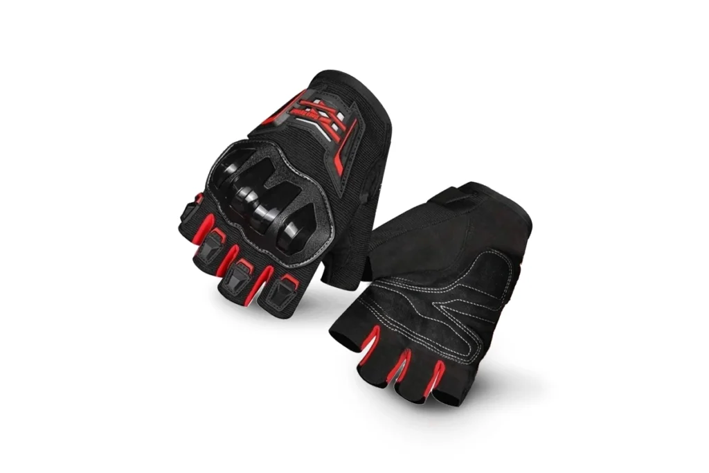 Pair of black Ones Again Half Gloves MG14D resting on a motorcycle fuel tank