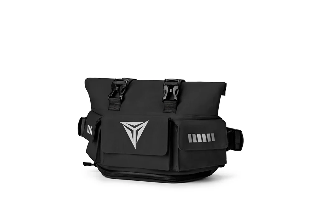 Black Motowolf Waist Bag MDL0721C worn as a drop leg bag by a motorcycle rider