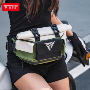 Open view of the Motowolf Waist Bag MDL0721C displaying multiple zippered pockets holding a phone, keys, and wallet
