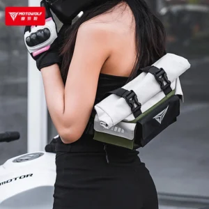 Close-up of the heavy-duty adjustable waist and thigh straps with quick-release buckles on the Motowolf Waist Bag MDL0721C