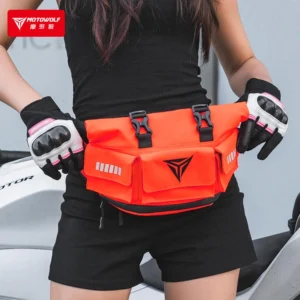 Rider sitting on a motorcycle with the Motowolf Waist Bag MDL0721C strapped securely to their right thigh