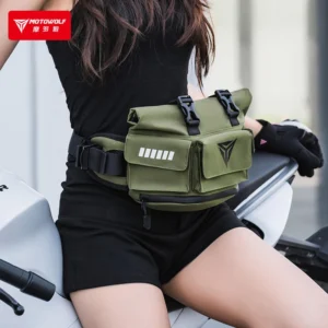 Rider standing next to a motorcycle wearing the Motowolf Waist Bag MDL0721C across their waist like a traditional fanny pack