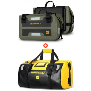 Motowolf waterproof saddle bag stacked above the 40L Tail Bag as a combo set